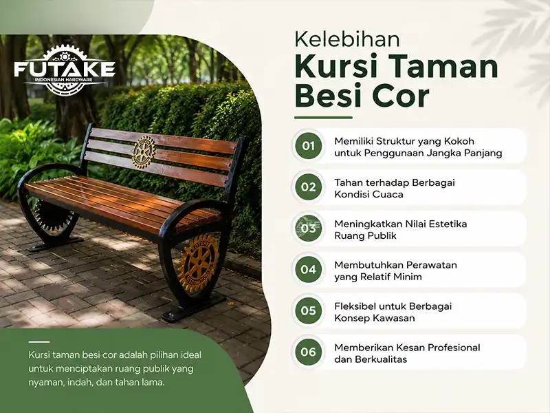 Infografik kelebihan kursi taman besi cor untuk ruang publik.