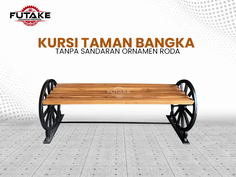 Kursi taman Bangka tanpa sandaran dengan ornamen roda berbahan besi cor.