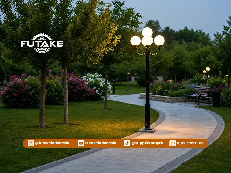 tiang lampu taman sebagai penerangan jalur pedestrian di taman kota